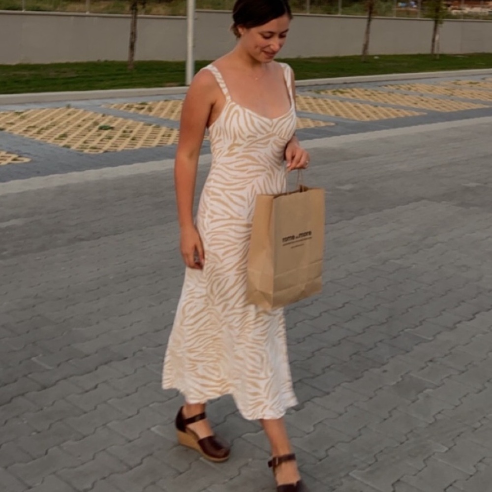 Zara | White Tan Linen Zebra Print Midi Dress Medium